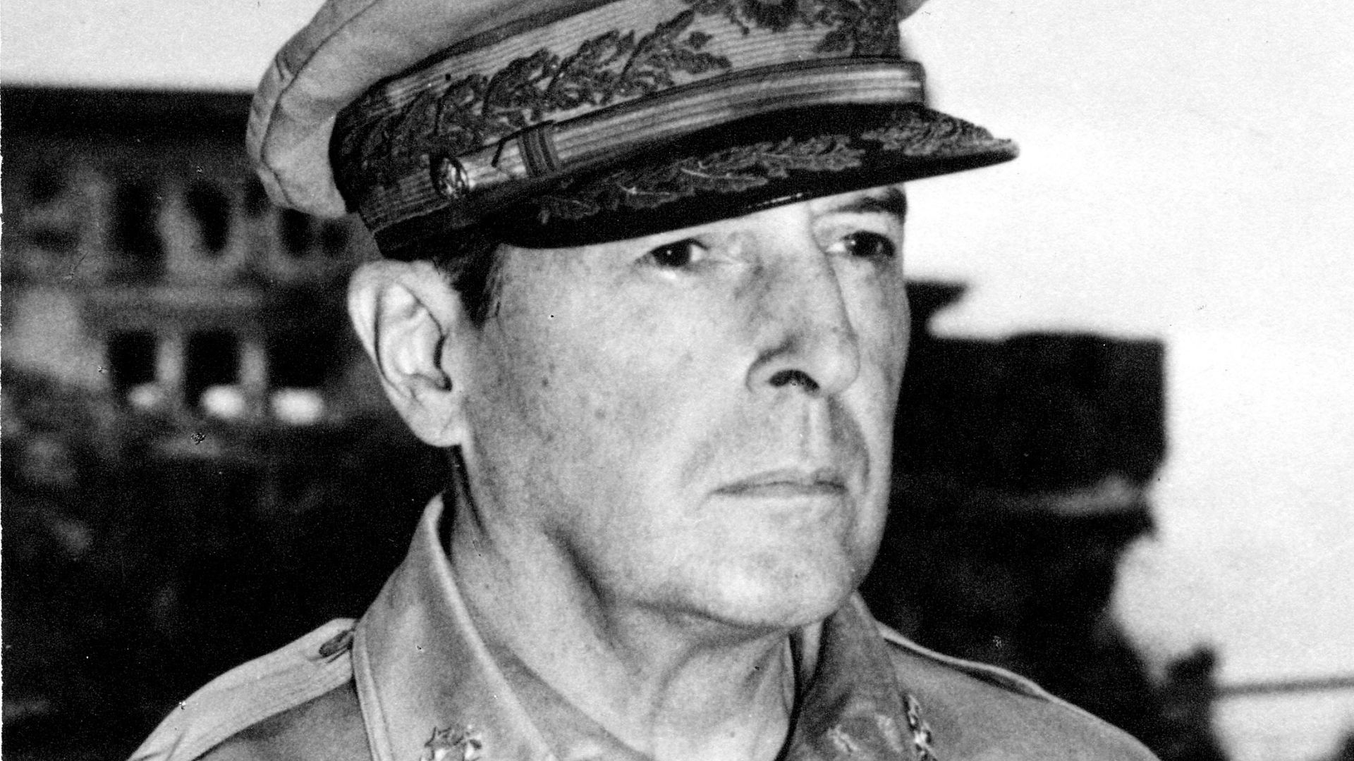 General Douglas MacArthur seen in 1945 in a black and white photo.