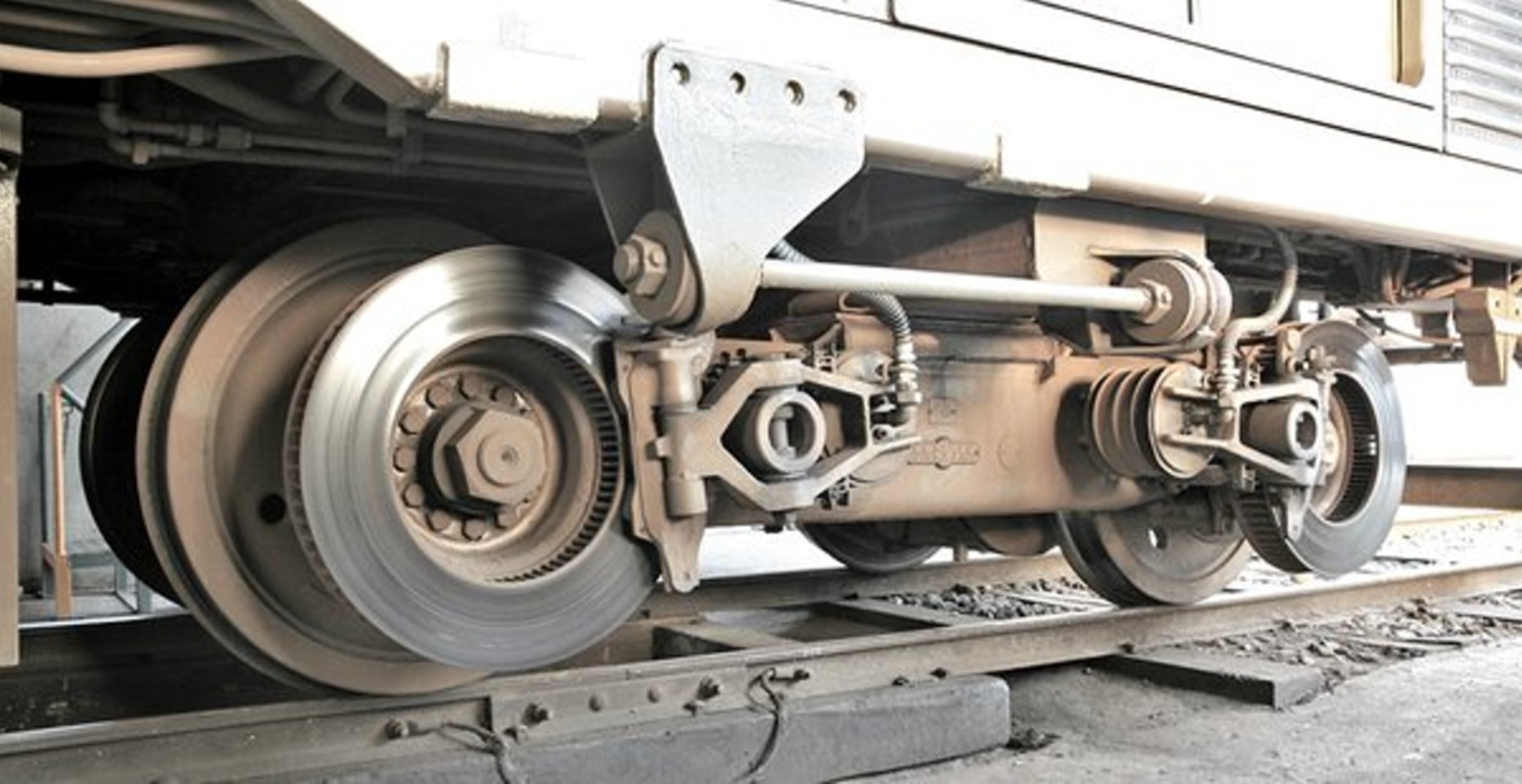 Close-up photograph of electric brakes on train wheels