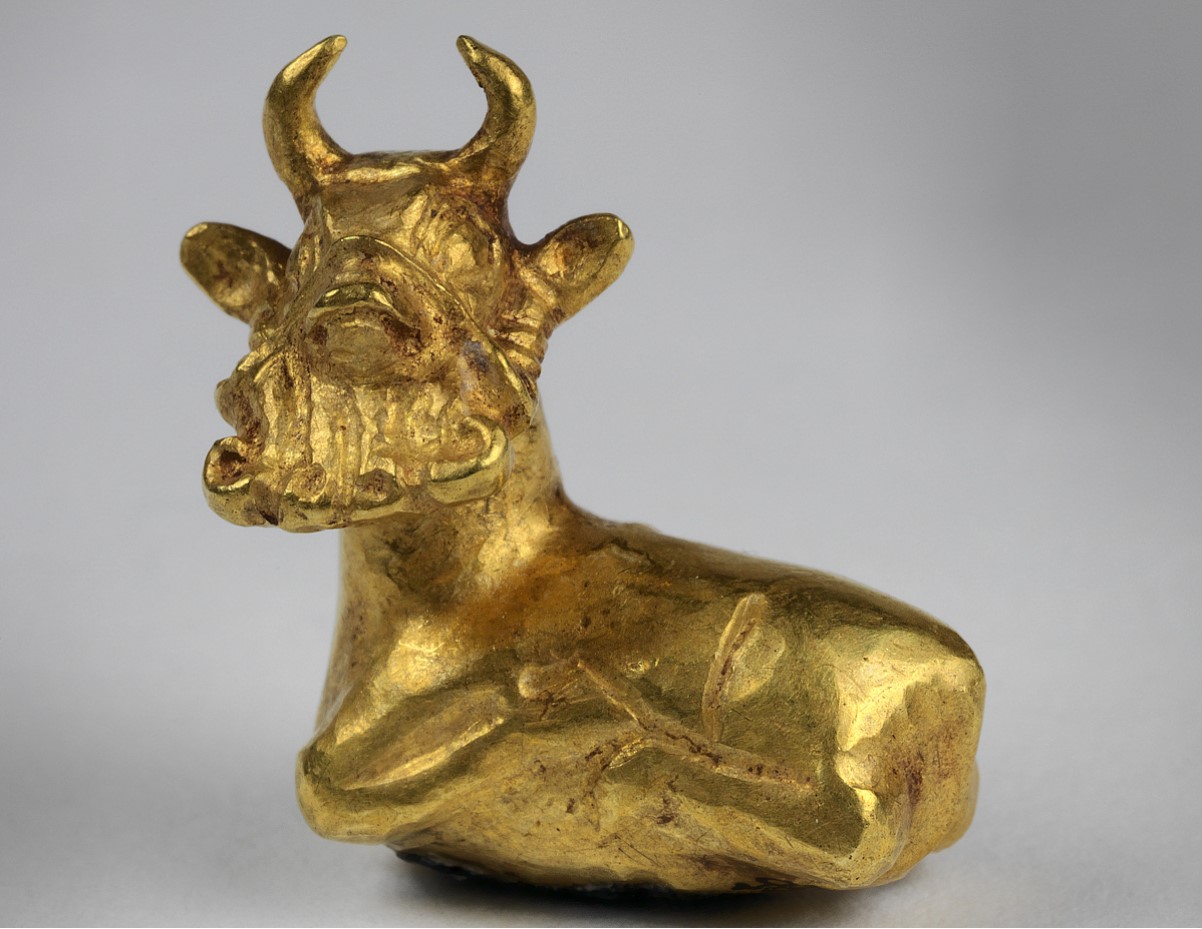 A small golden cow discovered in a tomb in the Sumerian city of Ur