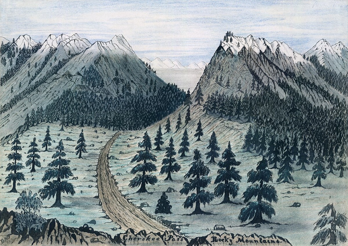 A painting depicts a trail that passes between two mountainous peaks