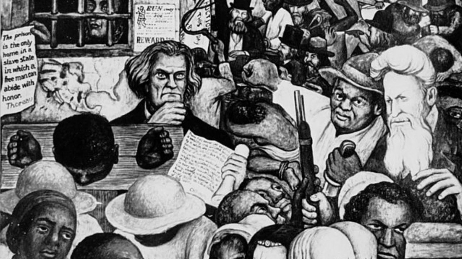 A black and white drawing depicting slavery. Everyone is cramped in together, and there are signs up against buildings regarding slavery.
