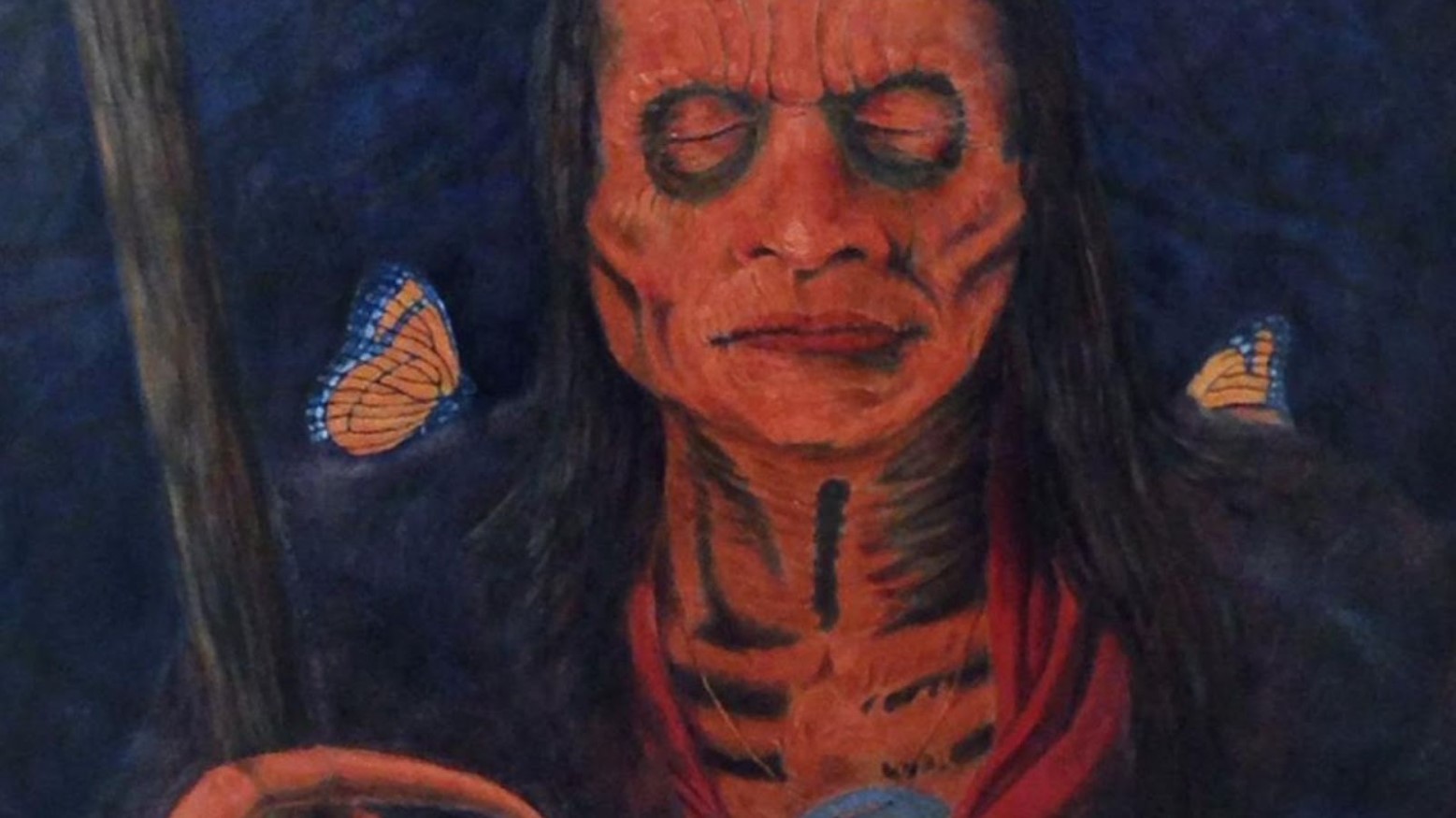 This is a painting of Spearfinger. She has long dark hair, and her eyes are shut with dark rings around them. There is a blue and orange butterfly on both shoulders. She is holding a stick, and her finger can be seen.