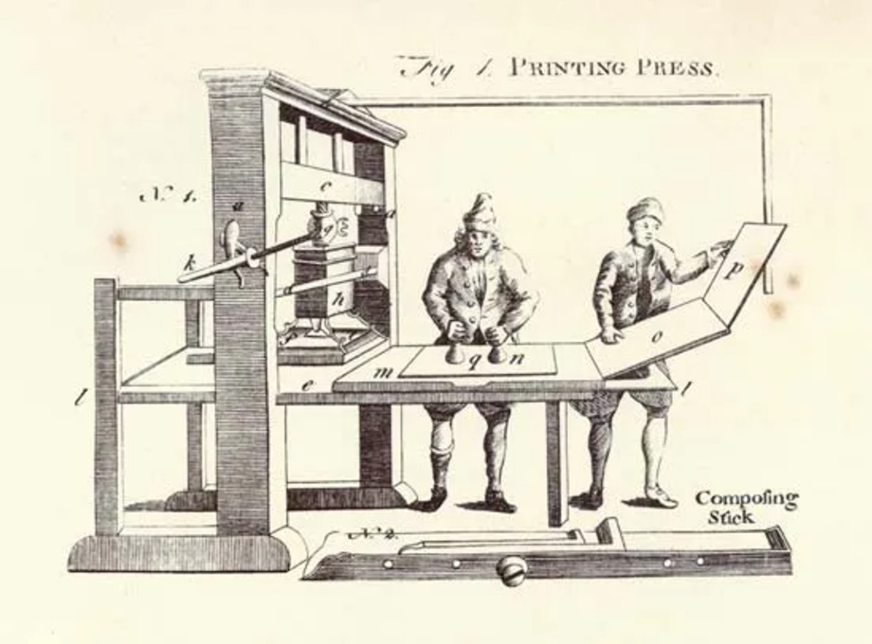 Sketch of two men using one of the earliest printing presses