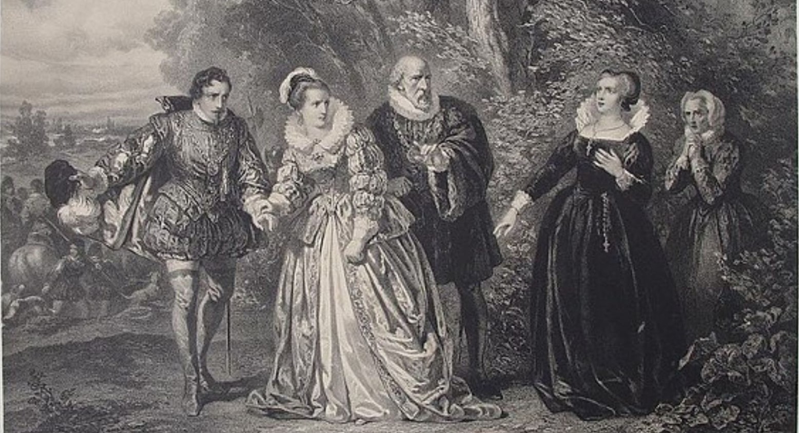 This is a black-and-white painting of Elizabeth I and Mary Queen of Scots standing in the woodland. Elizabeth has a man on either side, and a woman is behind Mary.