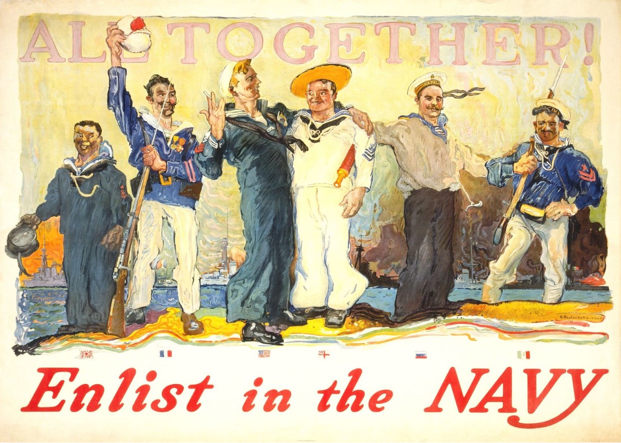 A recruitment poster for United States Navy showing an American sailor among sailors from various countries