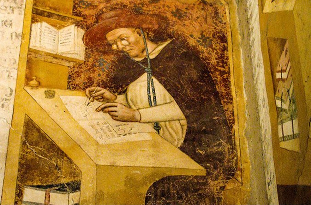 Painting of one of the first pairs of eyeglasses from the 13th century in Italy