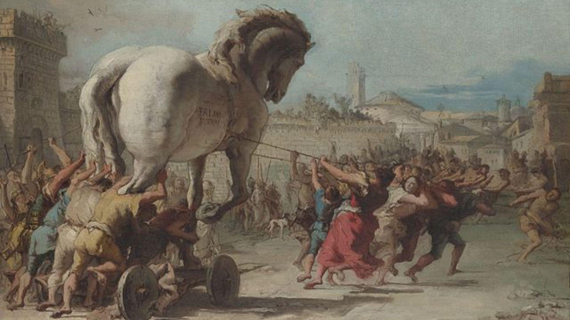 A painting of the Trojan Horse. Some people push the horse, and others hold strings that are attached to the horse.