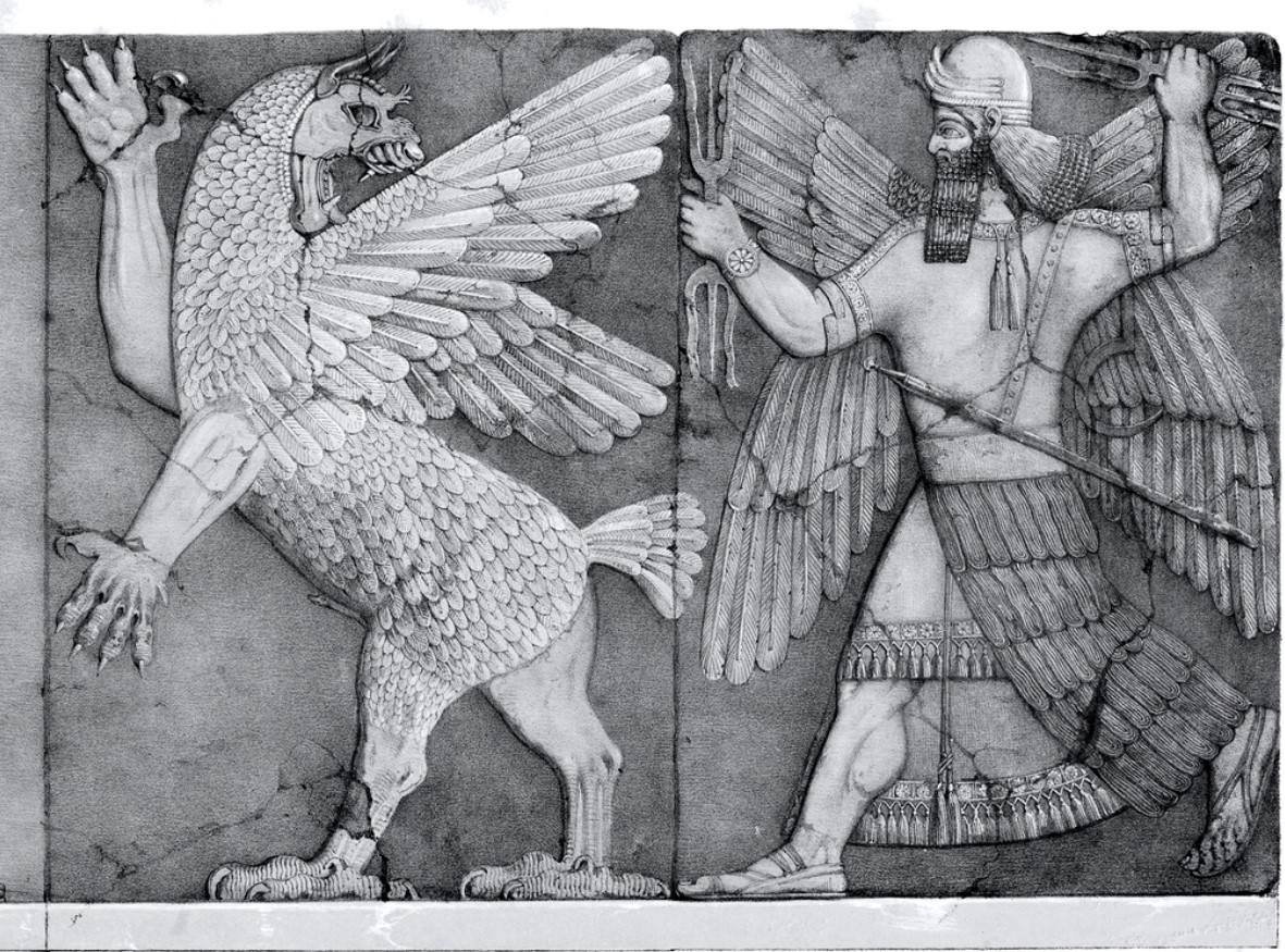 An ancient Assyrian carving depicts a king fighting against a mythological monster