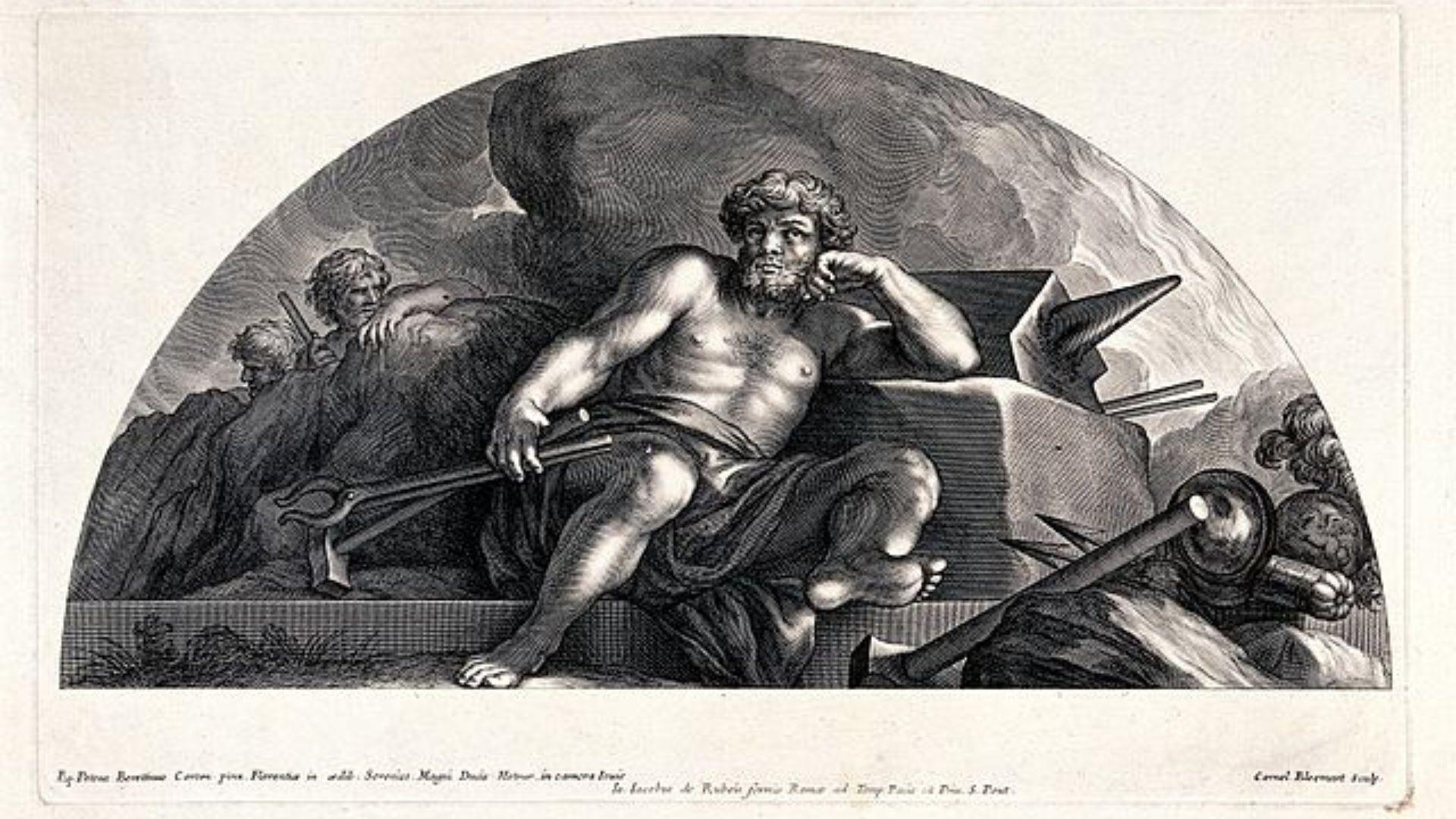 A black and white engraving of Hephaestus. Another man is standing behind him.