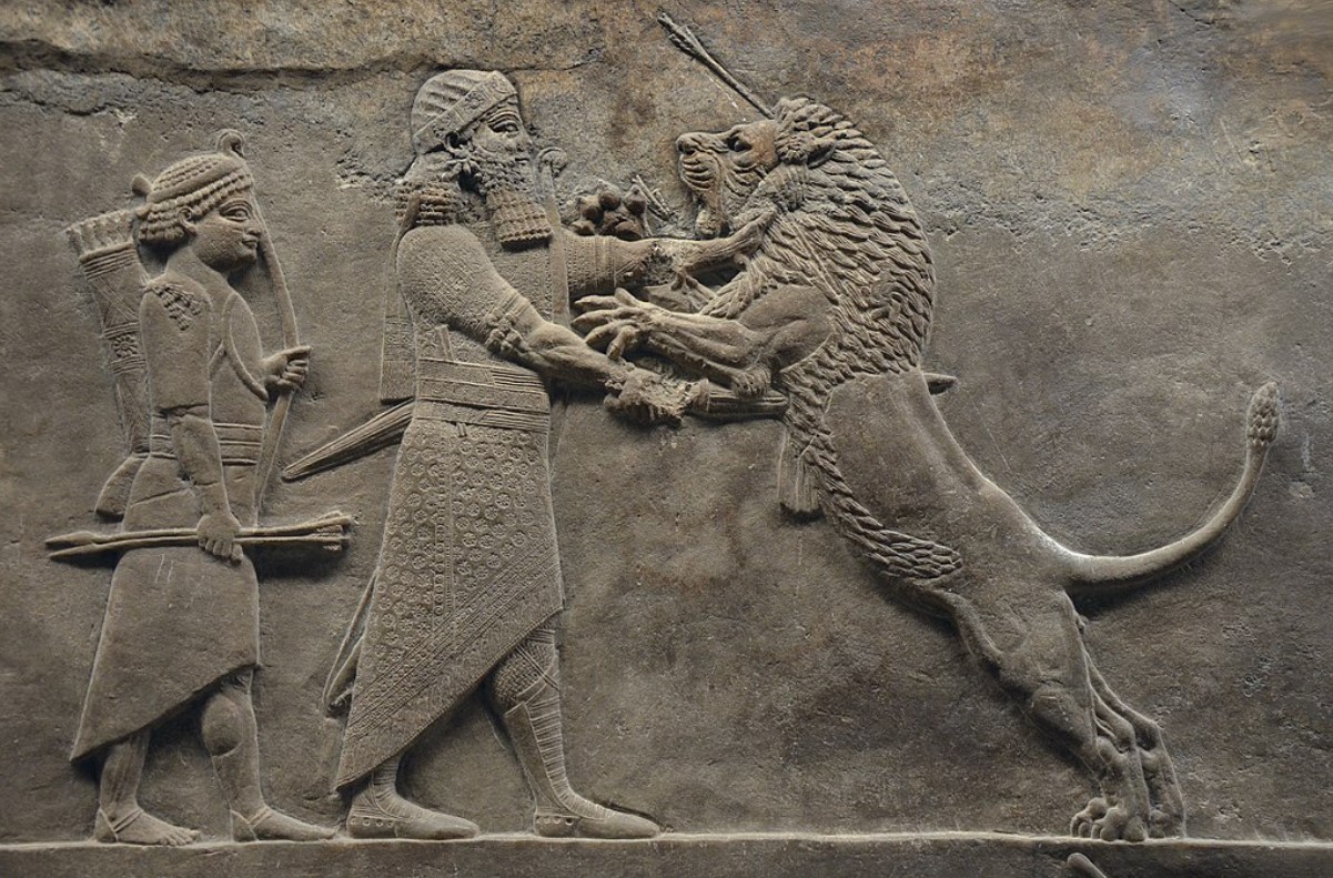 A depiction of a great Assyrian king wrestling with a lion
