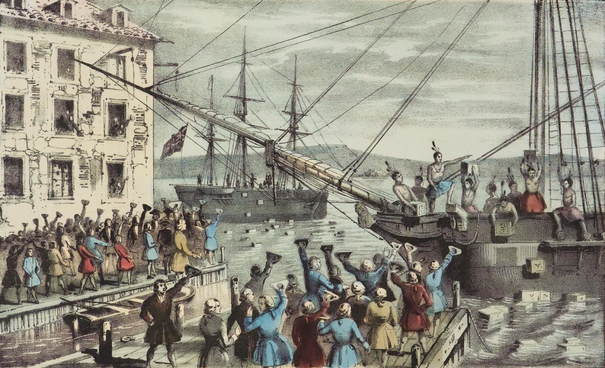 A painting of crowd of people protesting in a harbor facing ships on the water