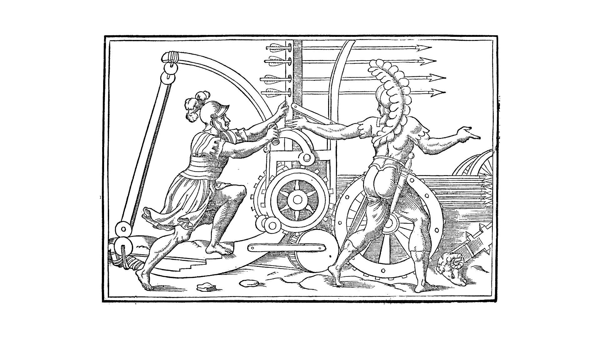 Engraving illustrating a Roman catapult design, 1581