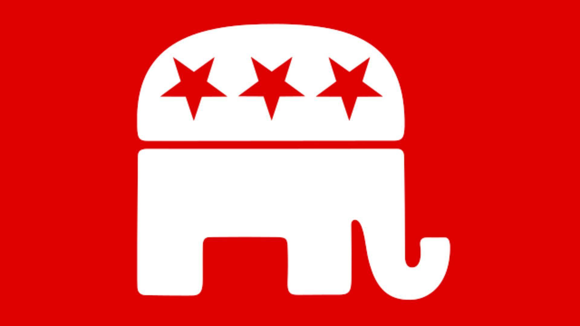 The Republican Party flag. The flag has a red background with a white elephant in the center. There are three red stars at the top of the elephant.