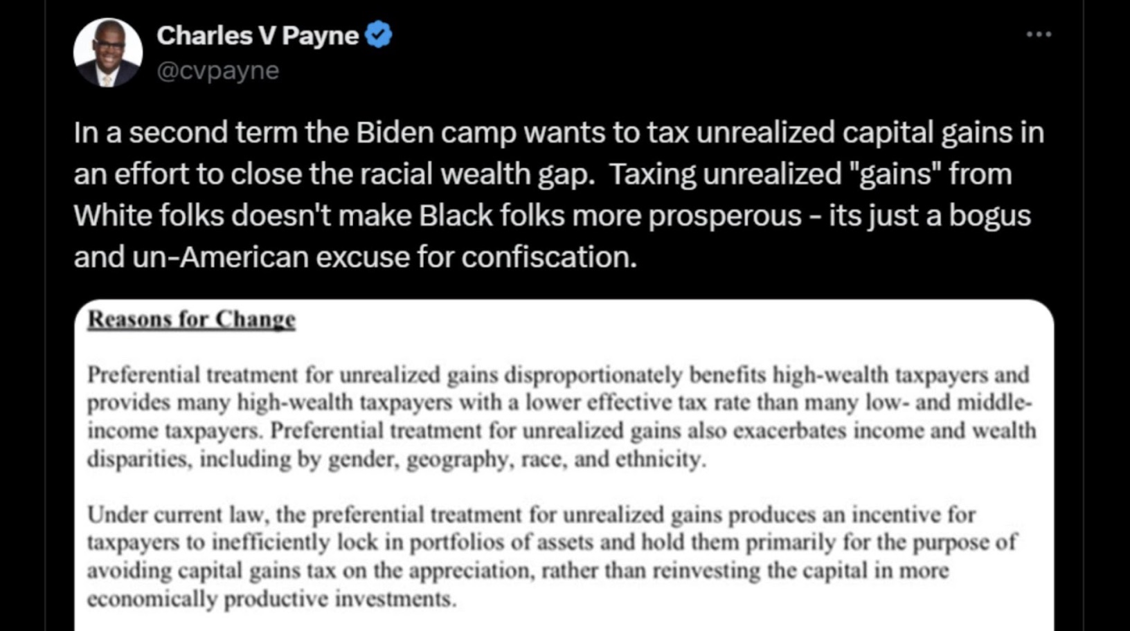 A post on X about Biden raising taxes. The post says: In a second term, the Biden camp wants to tax unrealized capital gains in an effort to close the racial wealth gap. Taxing unrealized “gains” from White folks doesn’t make Black folks more prosperous - it’s just a bogus and un-American excuse for confiscation.