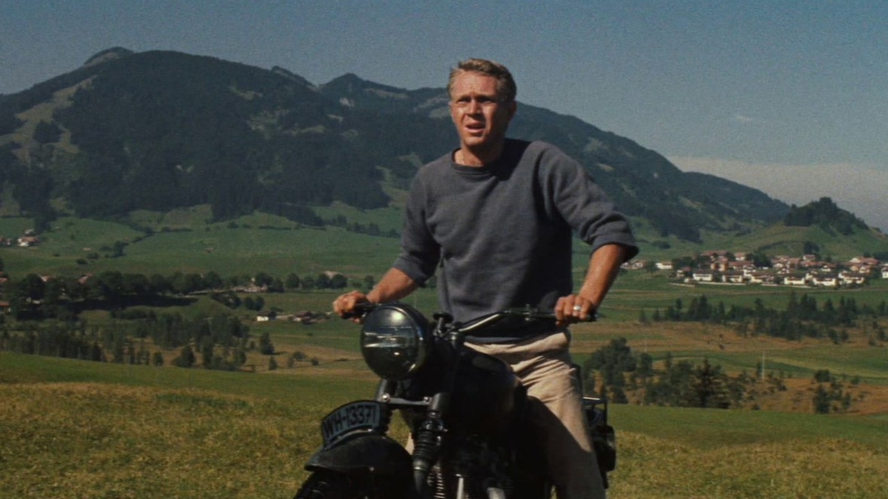 Captain Virgil Hilts (Steve McQueen) doing the motorcycle stunt in 'The Great Escape'