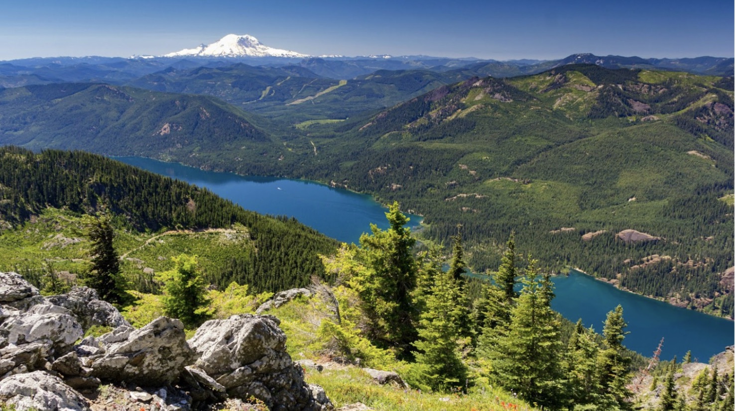 Rocks, grass, trees, and a body of water seen before Thorp Mountain in Washington.