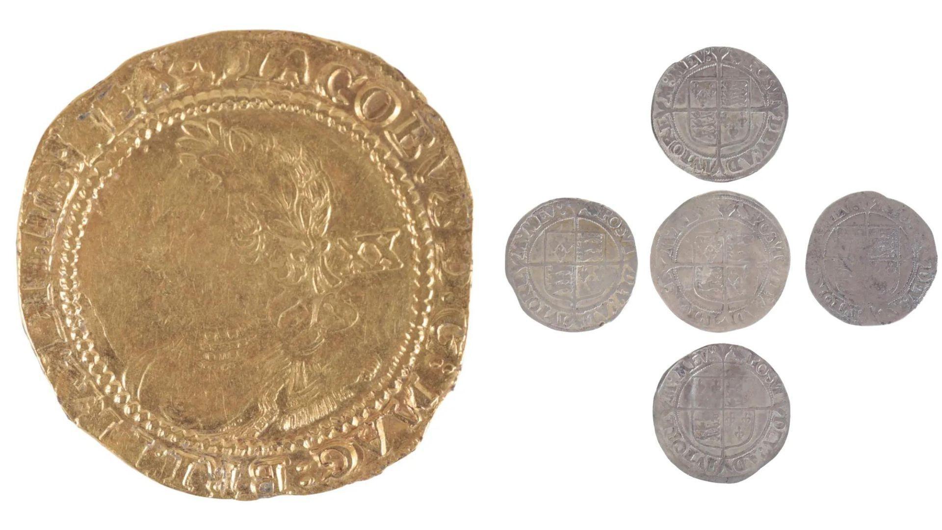 Several coins made of gold and silver from the Poorton Coin Hoard found in Dorset, England