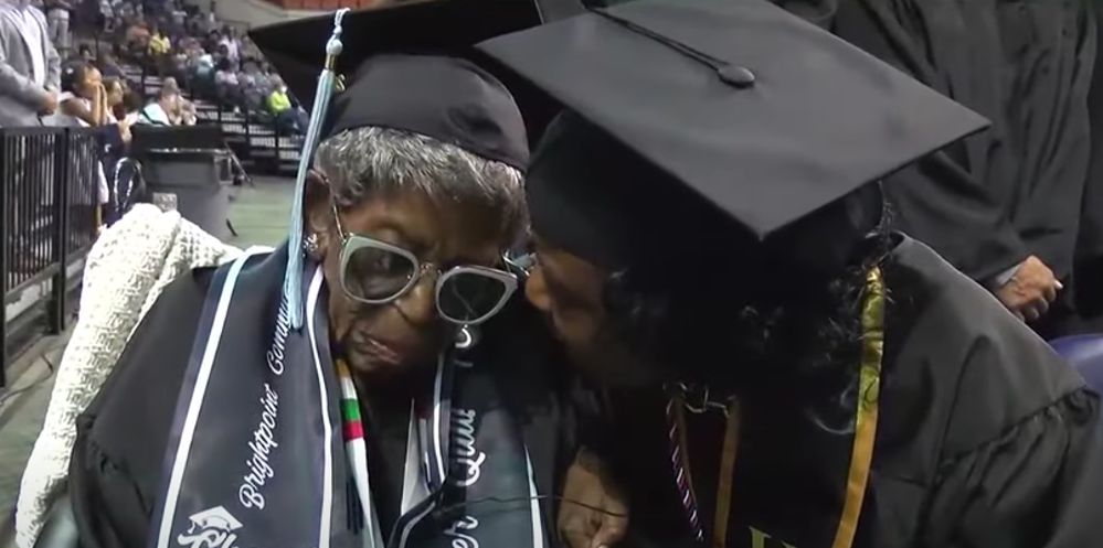 A photograph of the elderly woman during her college graduation