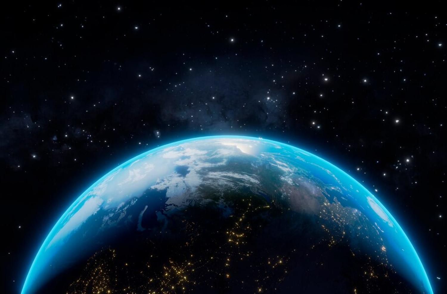 A photograph of the Earth as seen from space with stars in the background