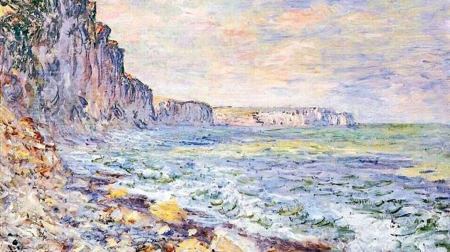 Bord de Mer painting by Monet. There are the waves in the sea and clifftops.