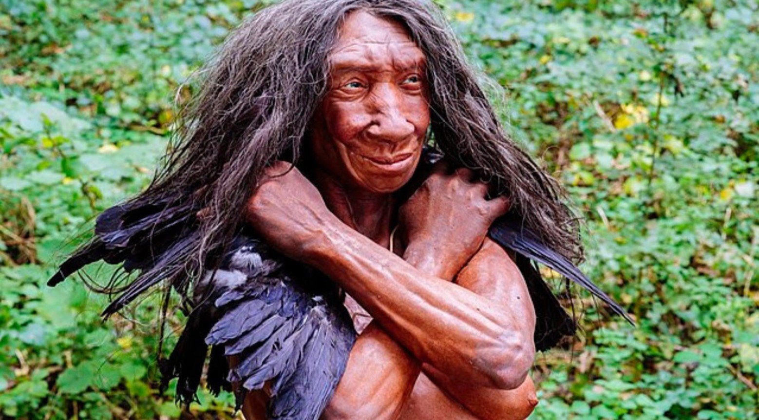 A Neanderthal. He has long brown hair, a long face and a large nose. His arms are crossed across his chest.