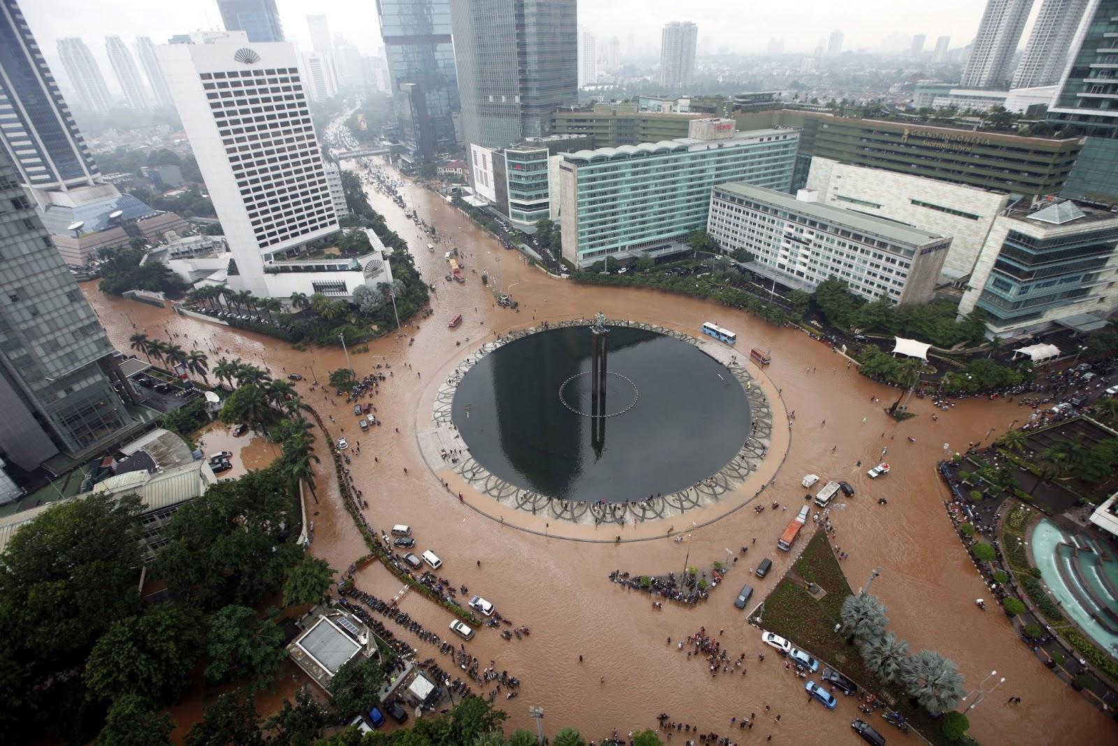 Intense flooding in the city center of Jakarta, Indonesia