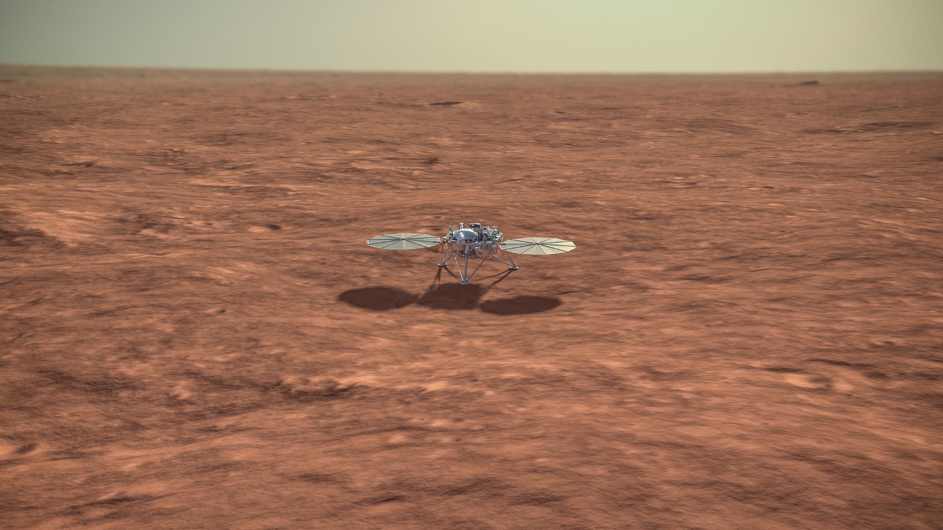 A rendering of the InSight Lander on Mars, seen in the daytime.