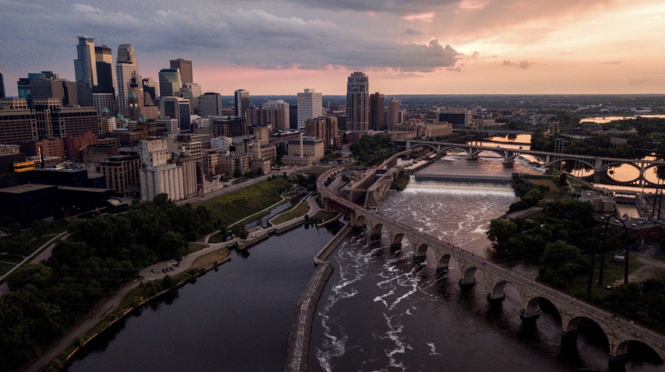 An aerial view of Minneapolis, Minnesota seen during sunset.