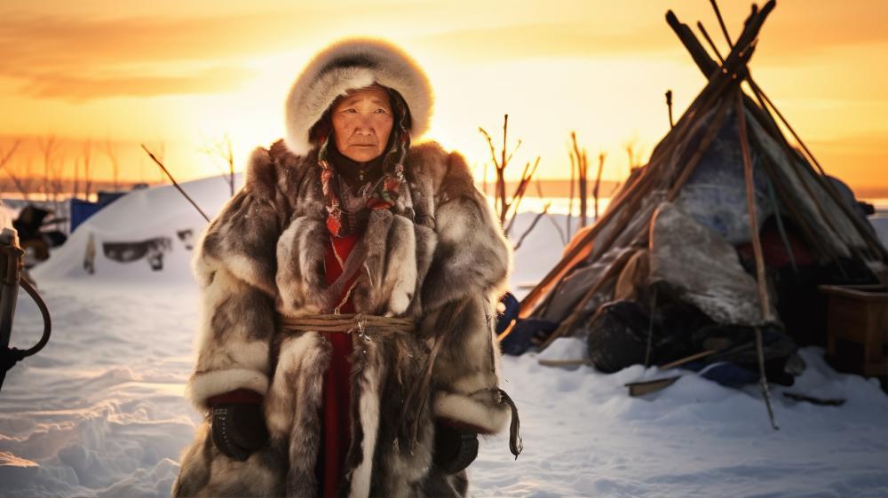 A native woman pictured standing in front of her shelter