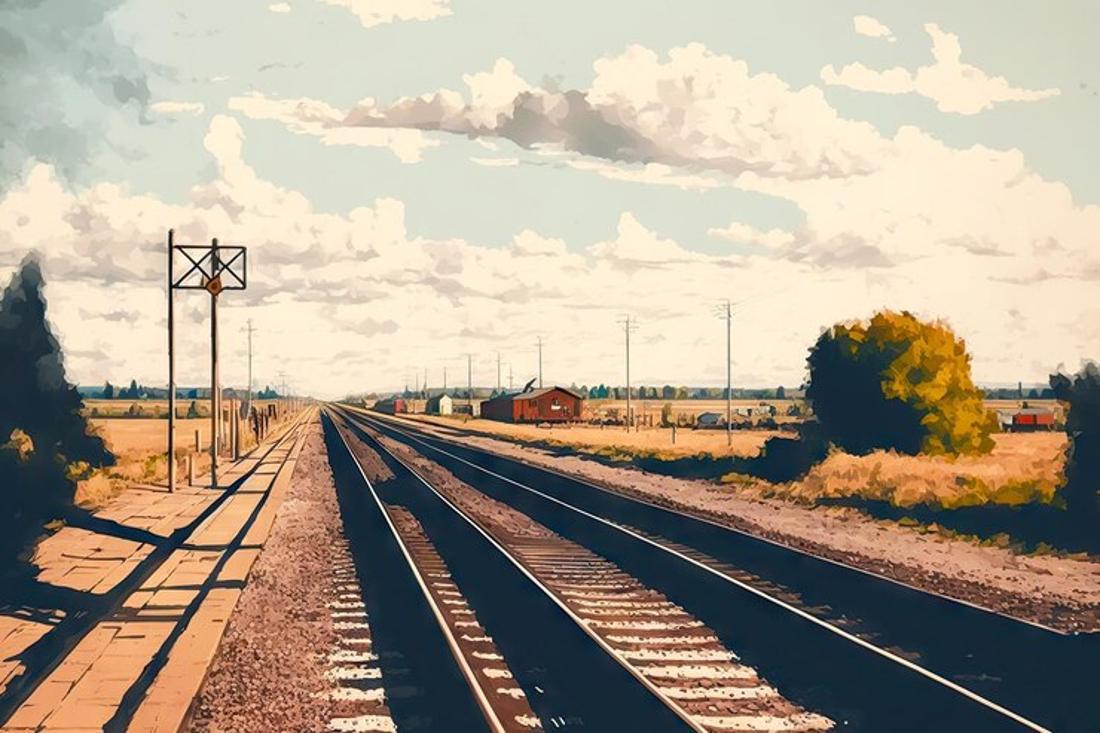 A painting of train tracks and the surrounding landscape