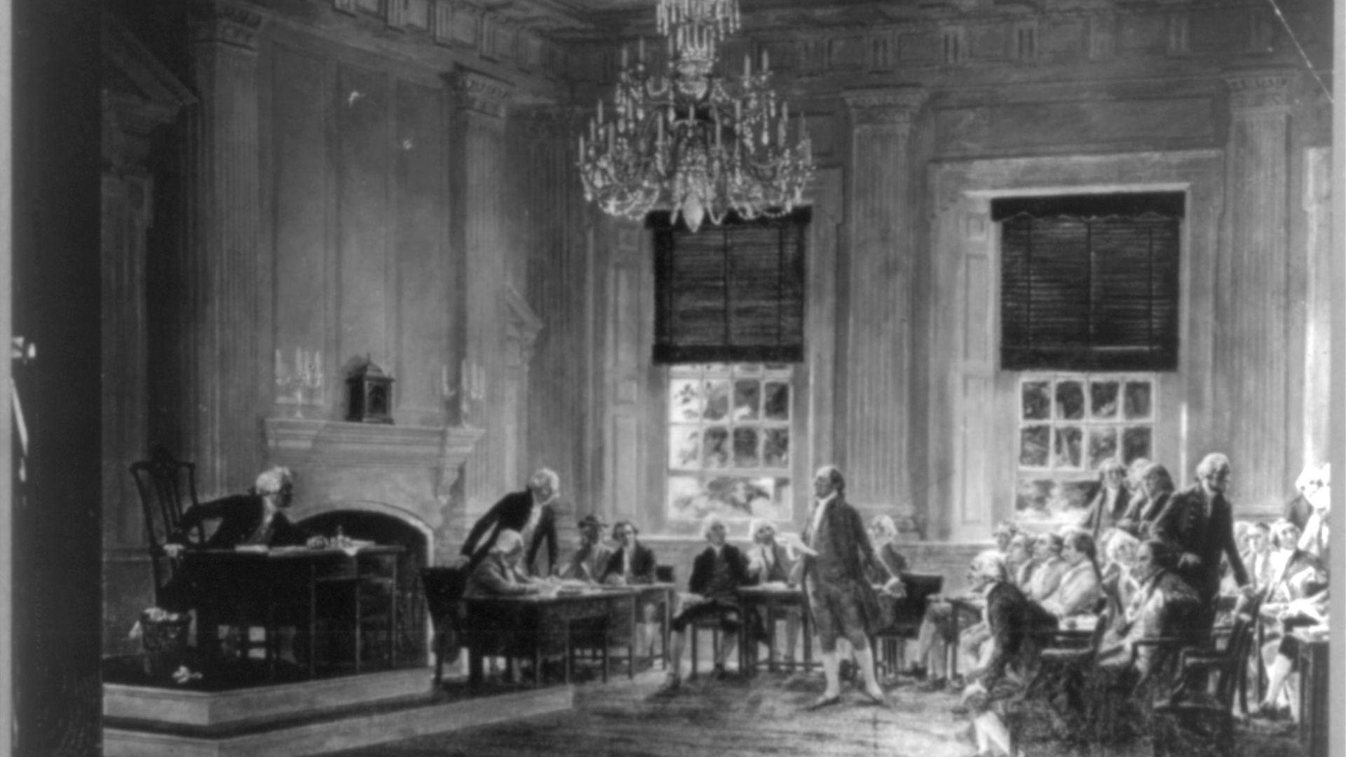 A 1913 black and white painting of John Adams and George Washington.