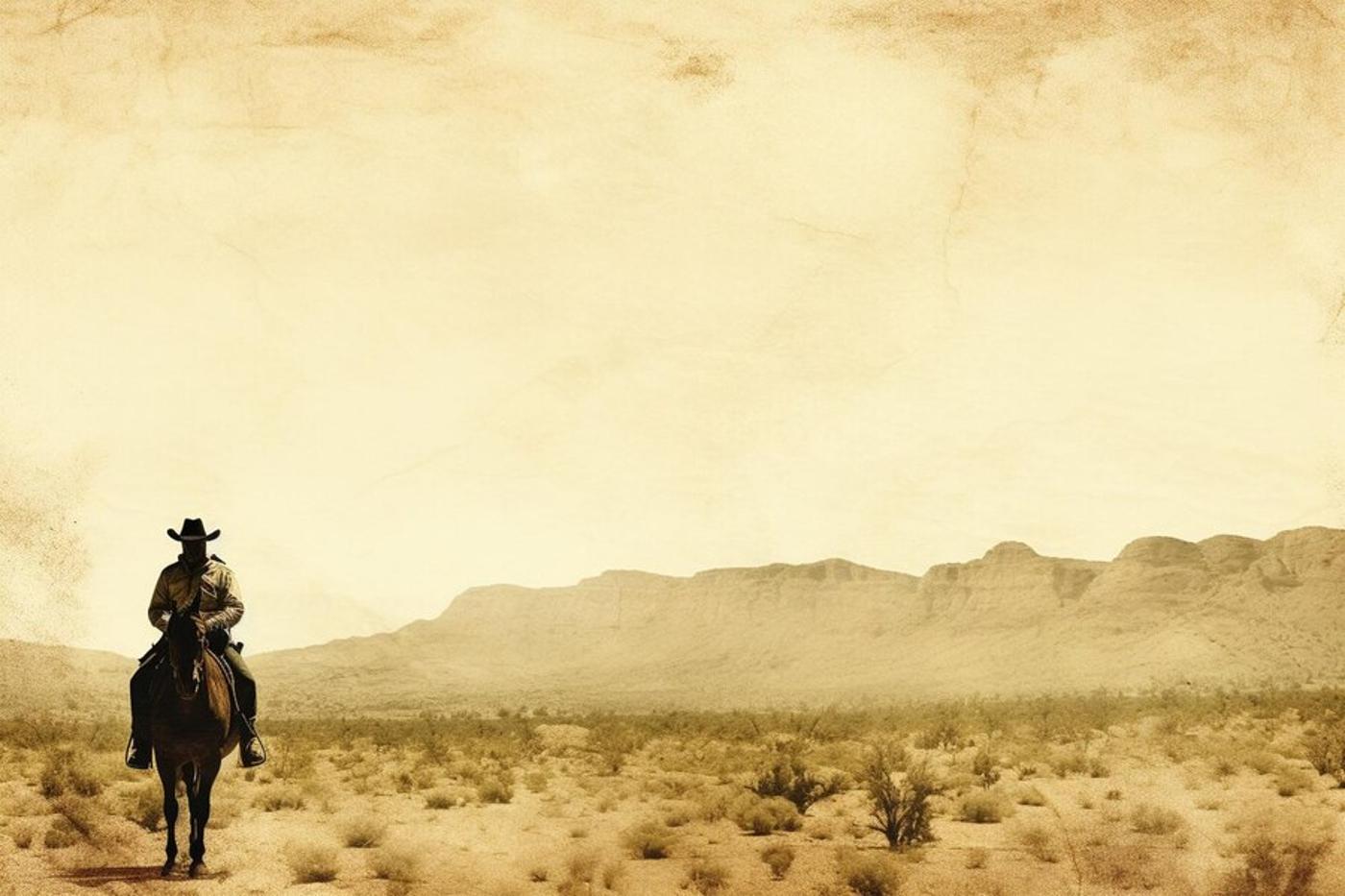 A digital illustration of the “wild west” with a cowboy riding a horse through the desert