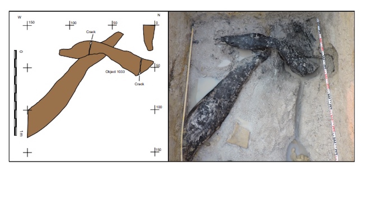The wooden structure, showing where Stone Age humans have cut into the wood.