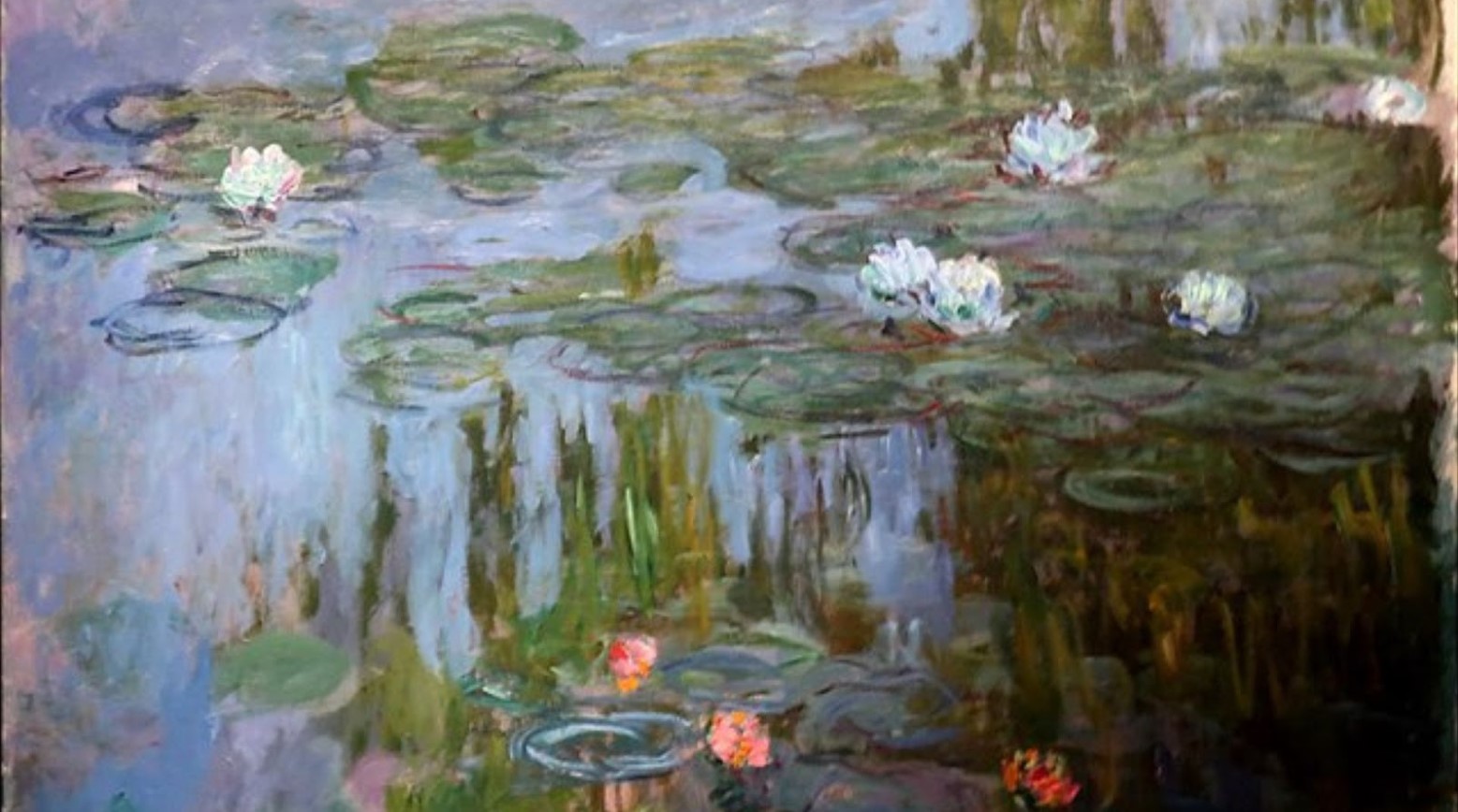 Monet’s Waterlillies painting. The painting is of a pond with waterlilies in it.
