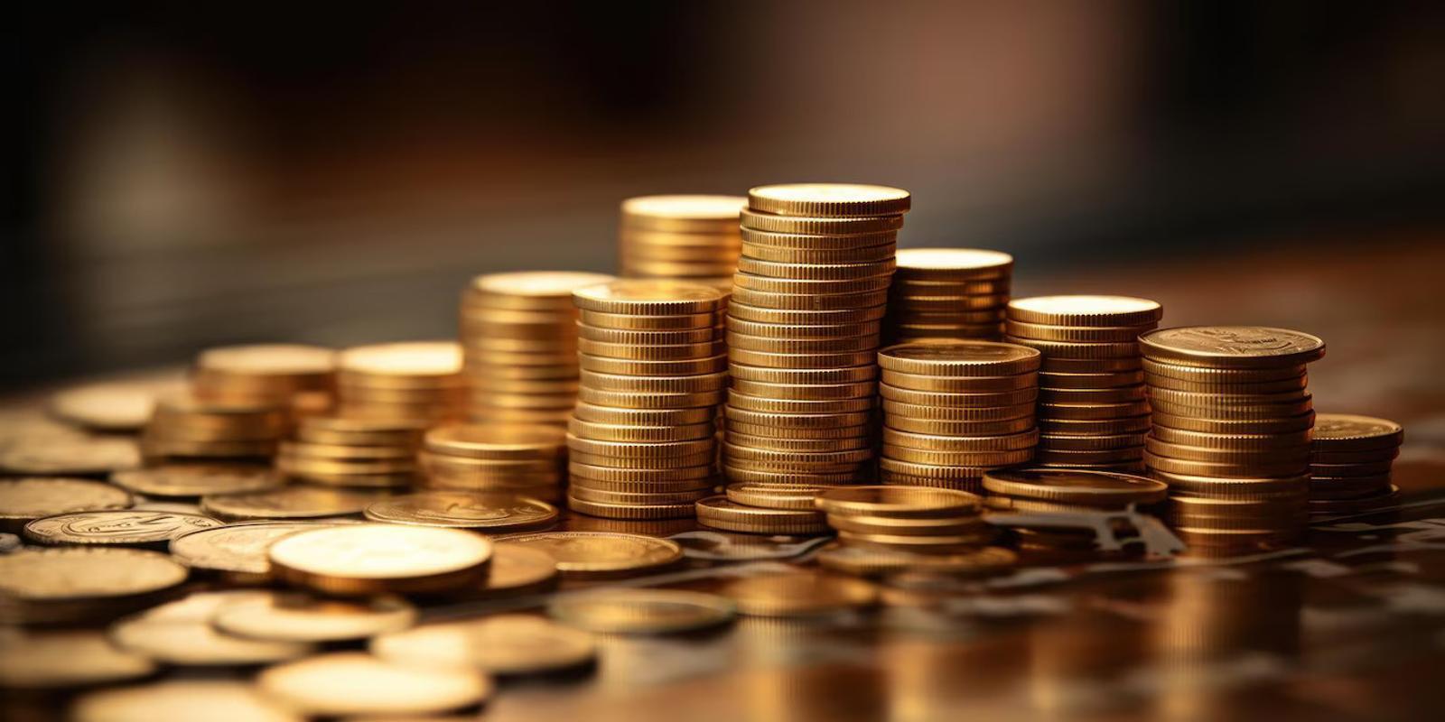 Close-up photograph of several piles of gold coins
