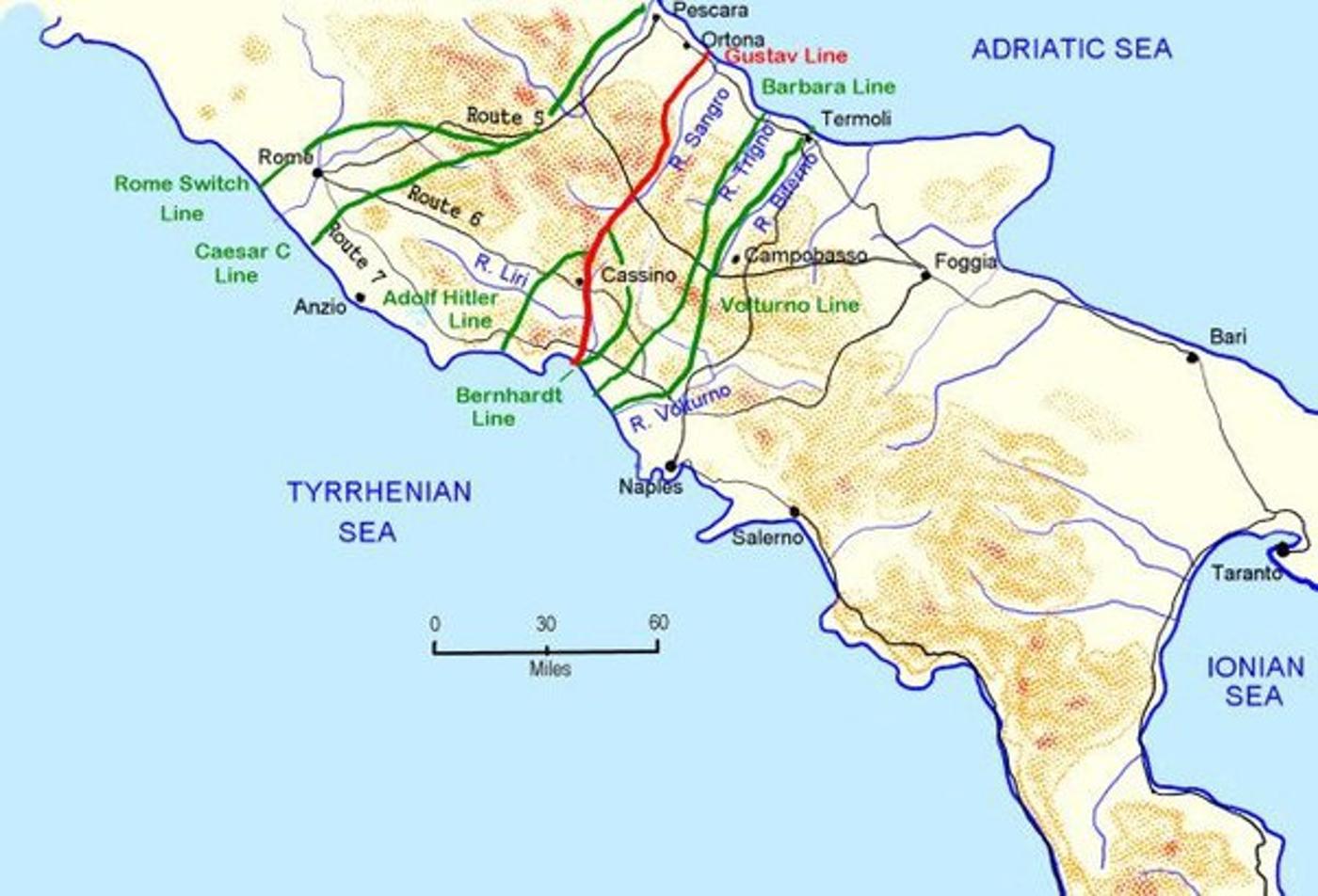 A map of the Nazi “Winter Lines” set up across the width of Italy to stop Allied forces from moving north