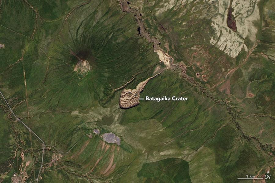 A birdseye map of the extensive Batagaika Crater in Russia