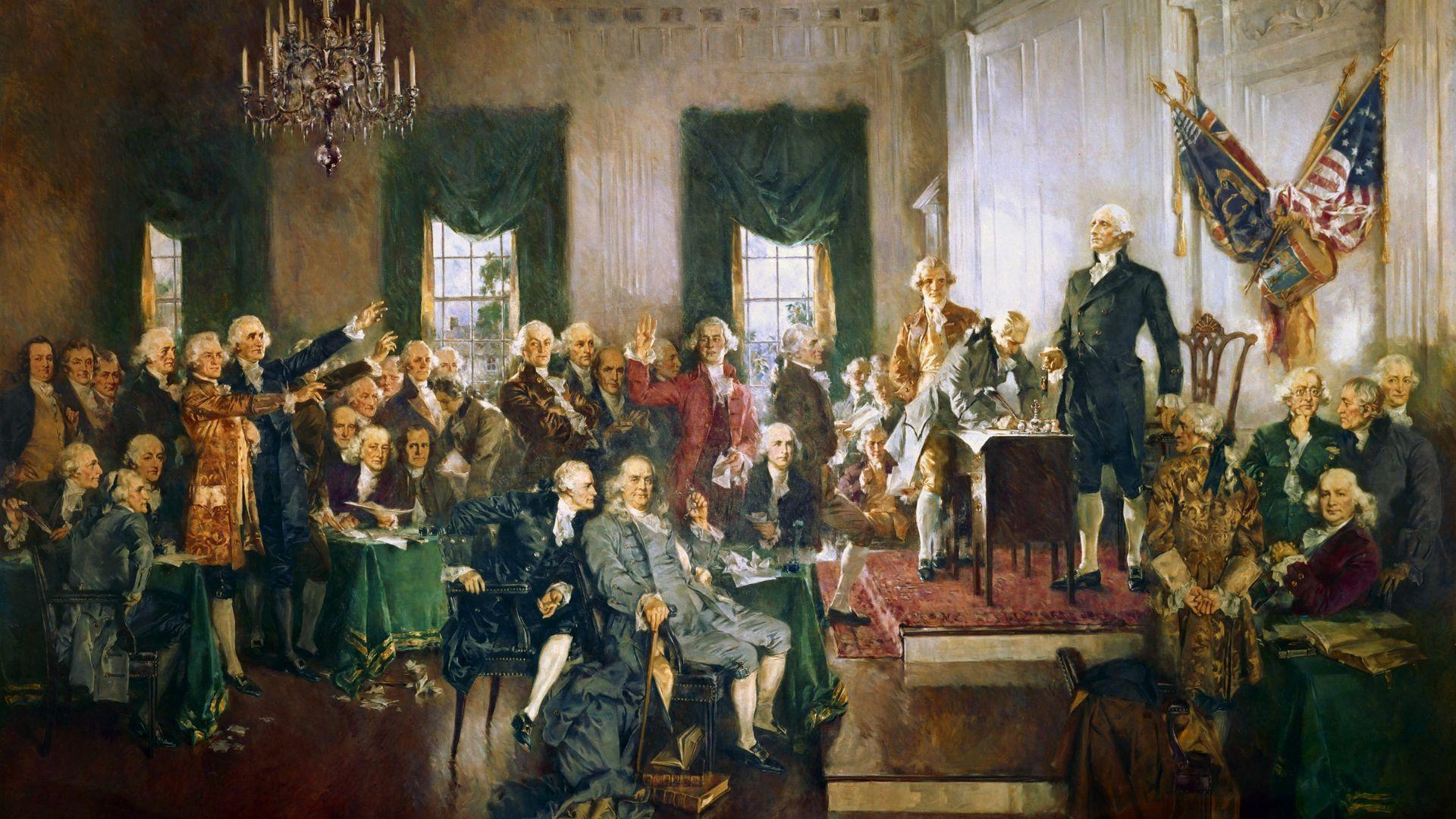 A 1900s painting by Howard Chandler Christy of the signing of the Constitution.