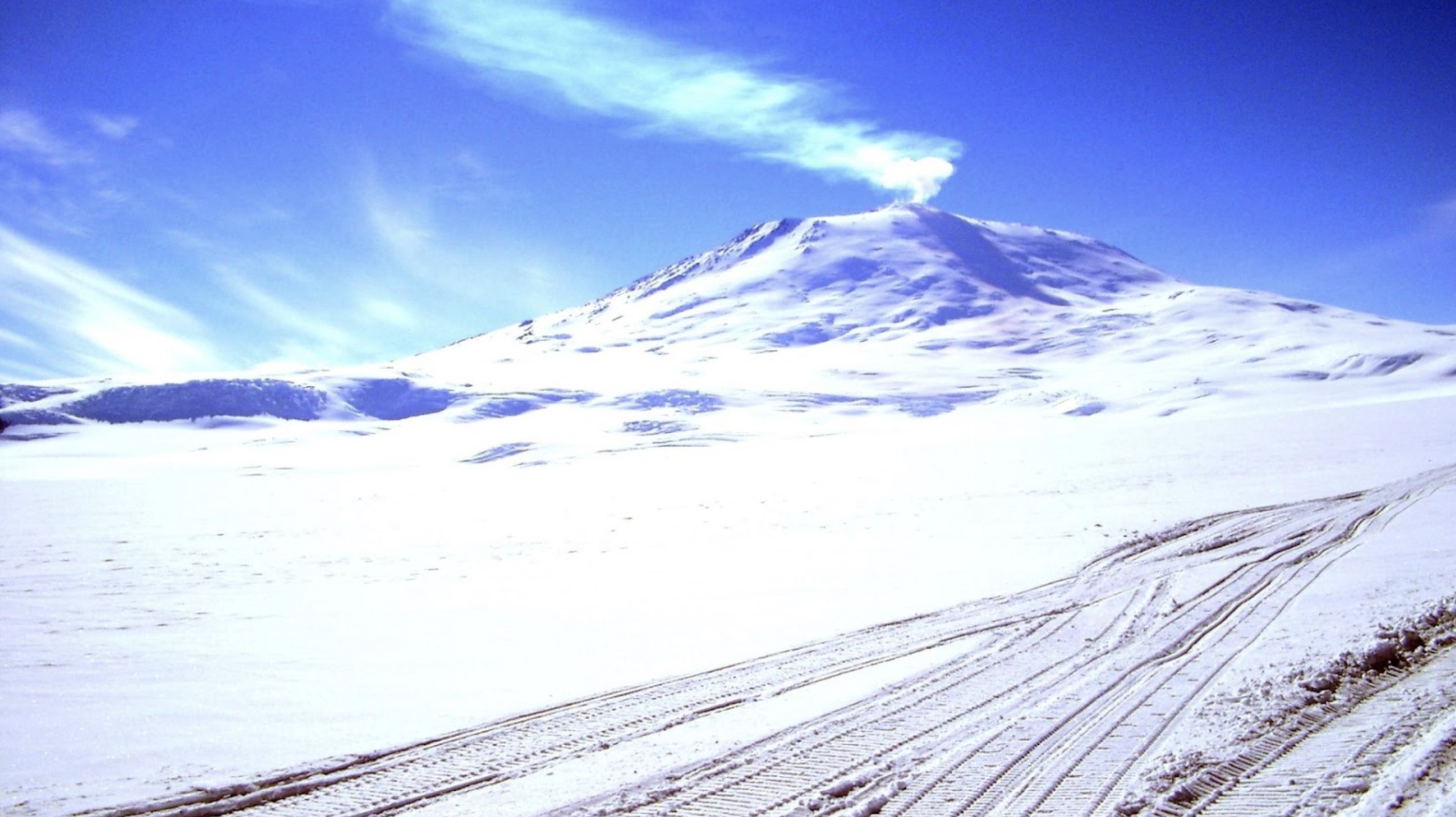 Smoke coming out of Mount Erebus, seen in the daytime in Antarctica.
