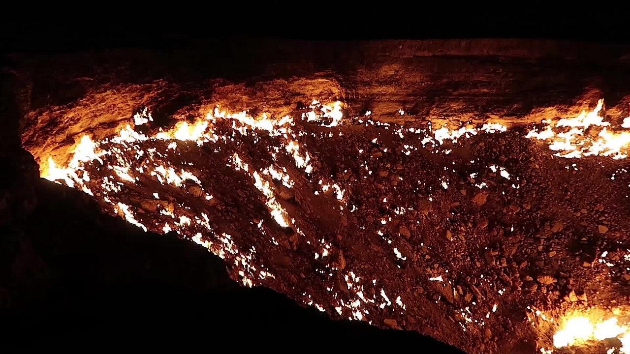 A photograph of the Darvaza gas crater