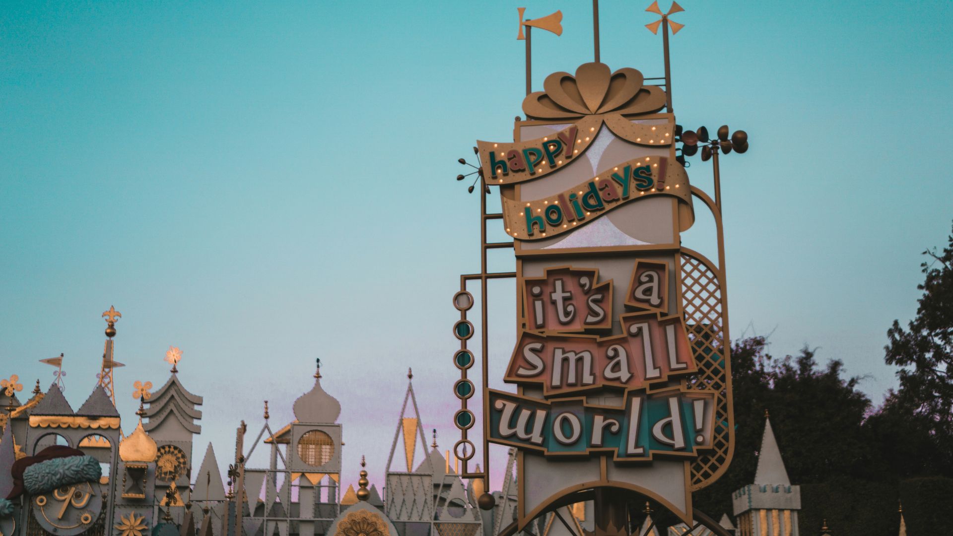 A close-up of a holiday sign seen in Disneyland.