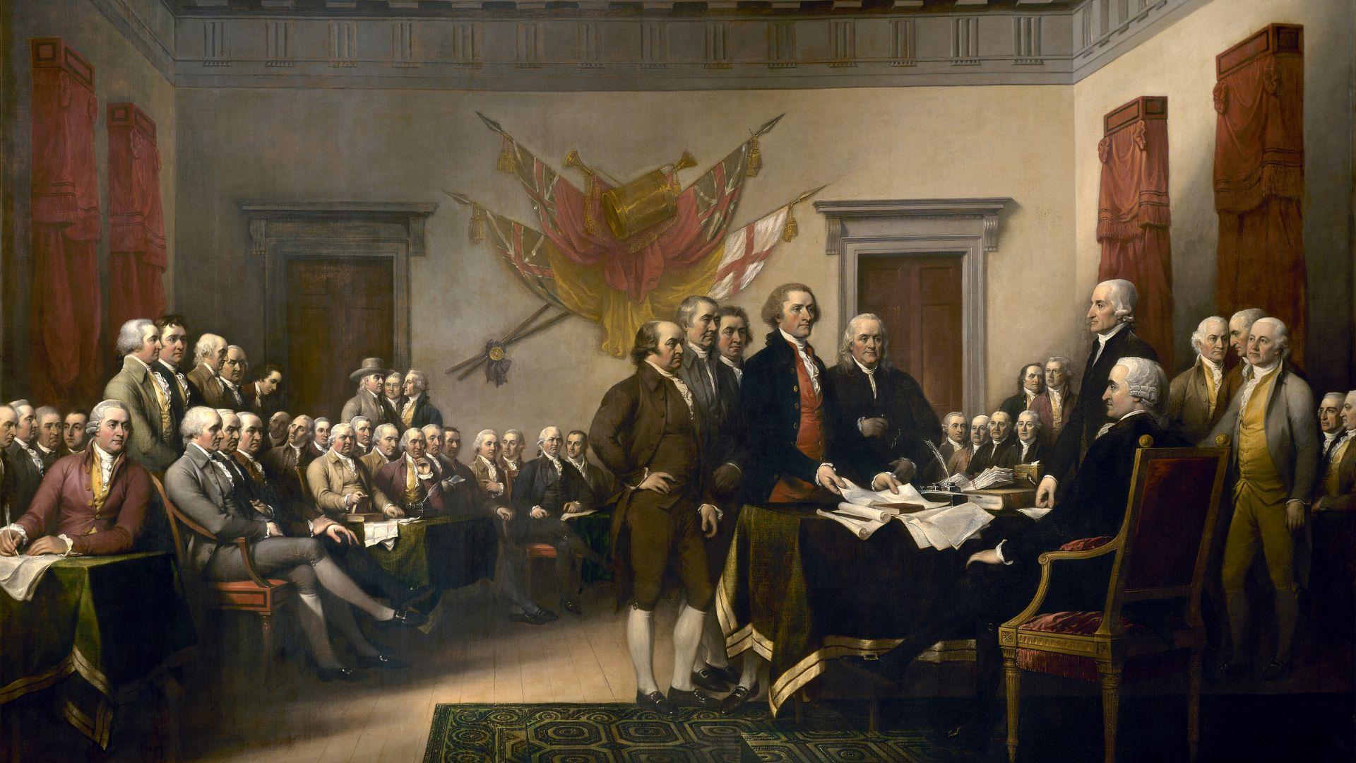 An 1819 painting by John Trumbull of the signing of the Declaration of Independence.