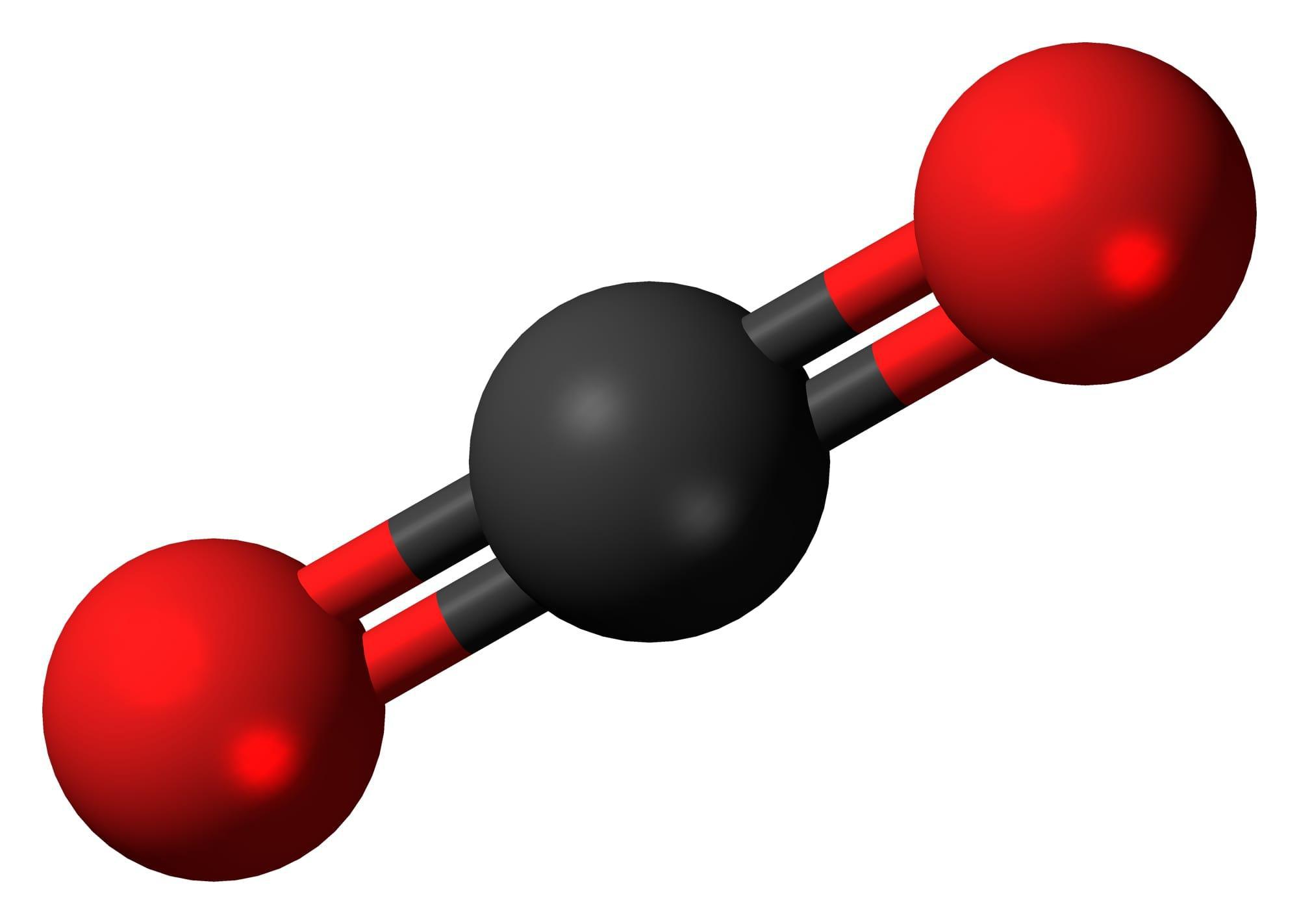 Red and black ball-and-stick model of the carbon dioxide molecule