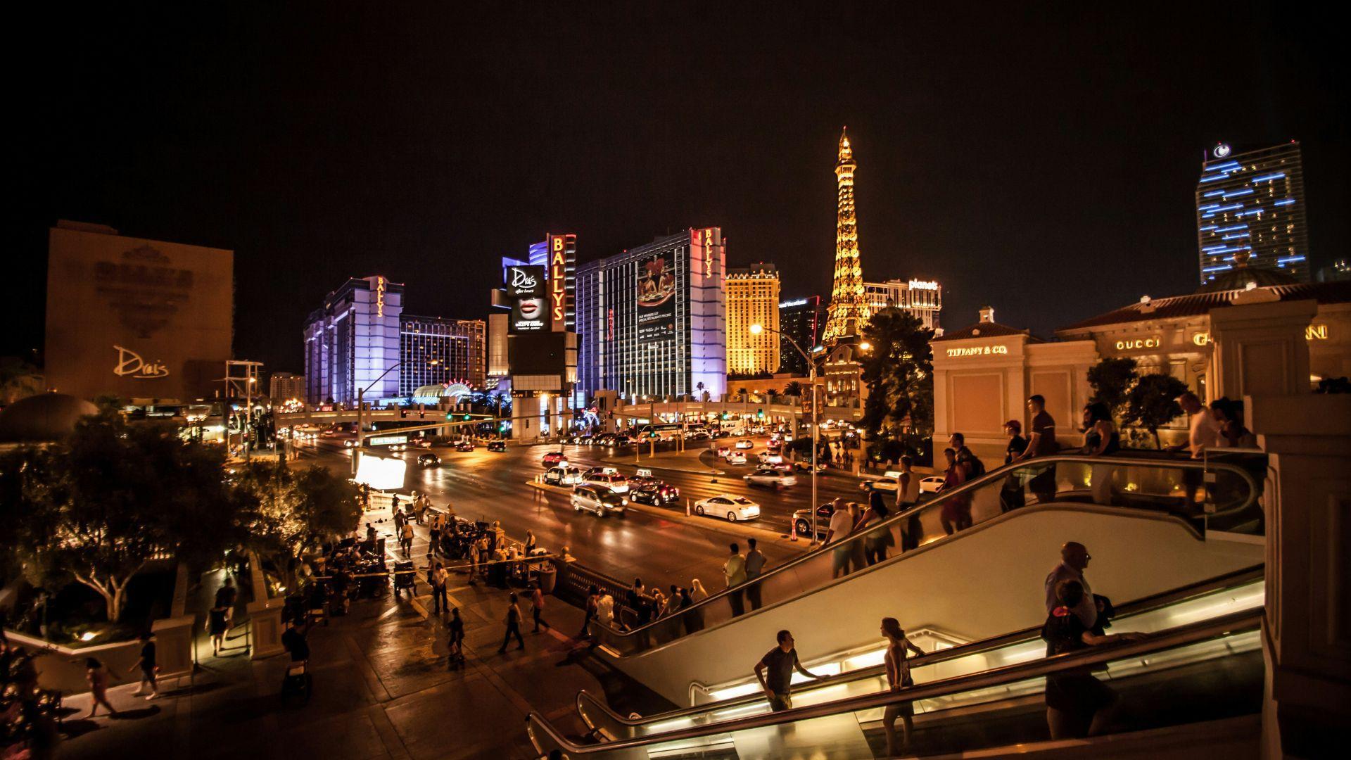 A view of the Strip in Las Vegas, Nevada seen in the evening.