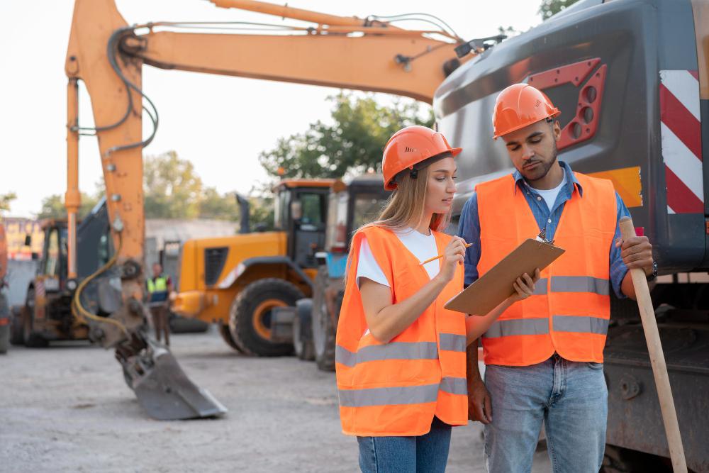 Two Americans dressed in hi-vis jackets are pictured working on the job site