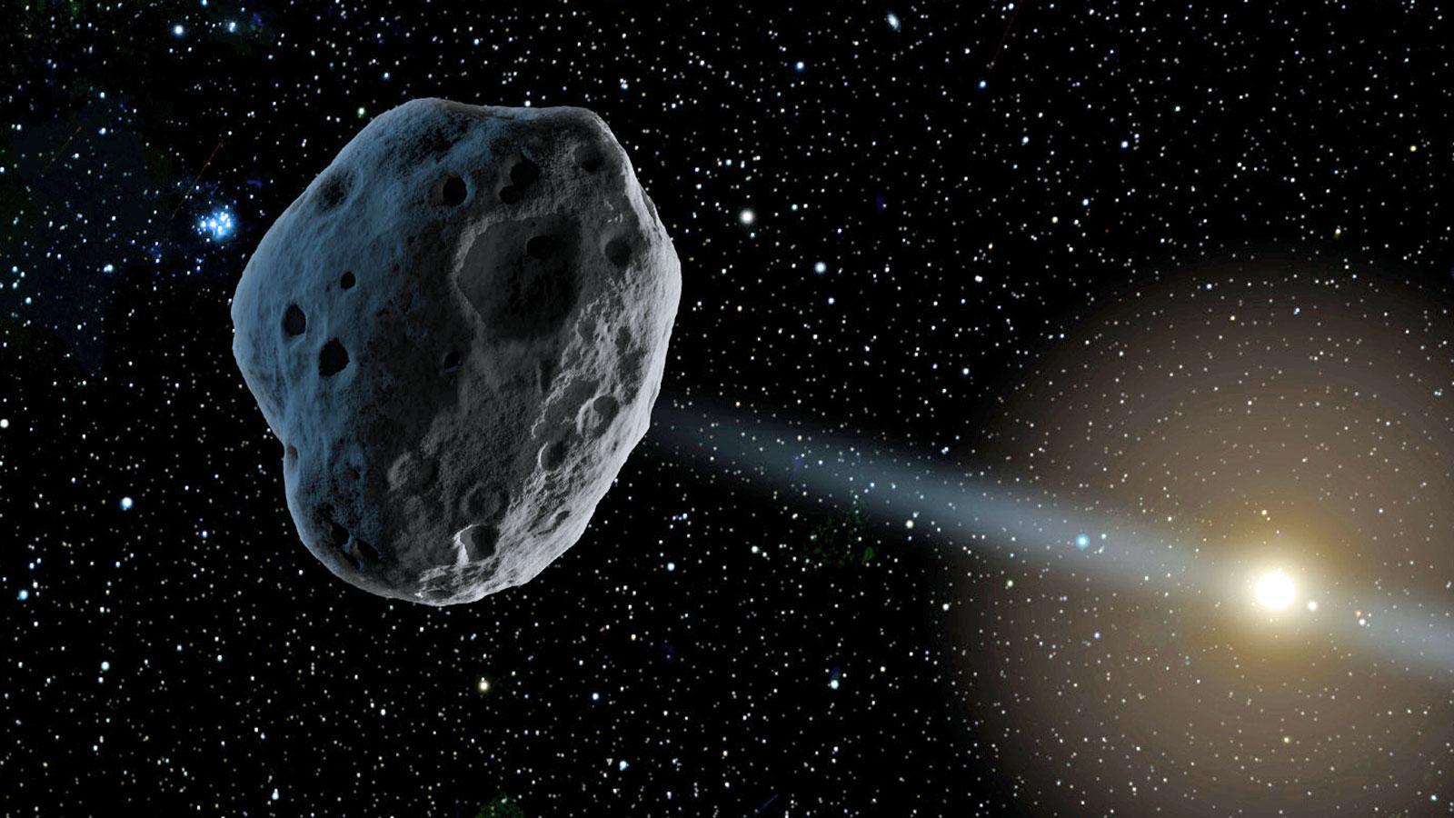 A photograph of a large asteroid in space