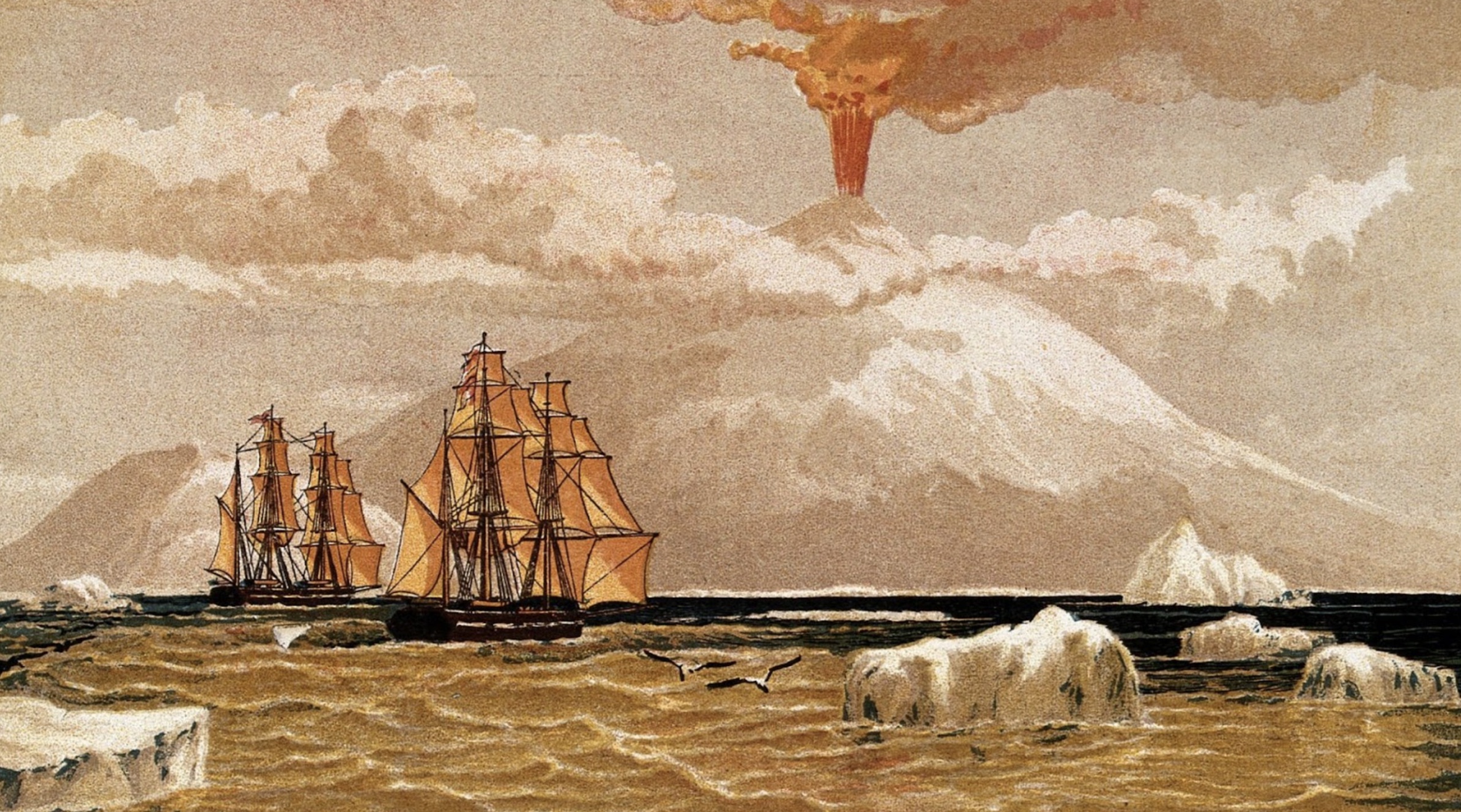 An 1800s artwork of the eruption of Mount Erebus seen behind ships in the water.