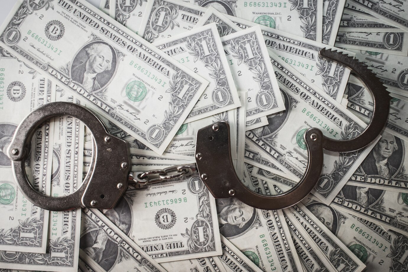 metal handcuffs on dollar bills