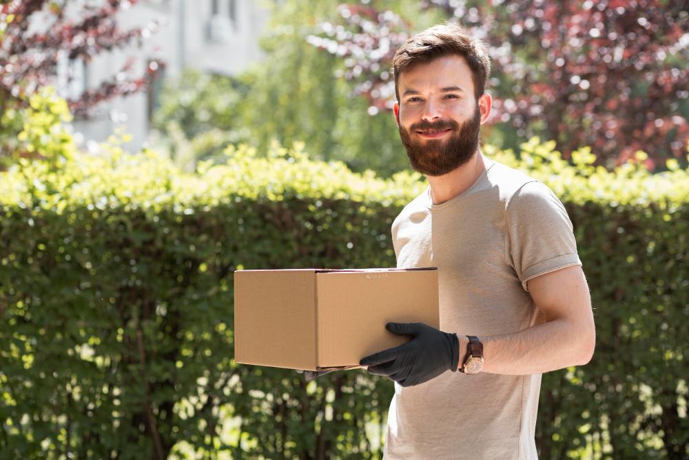 A man wearing black gloves is pictured delivering a package