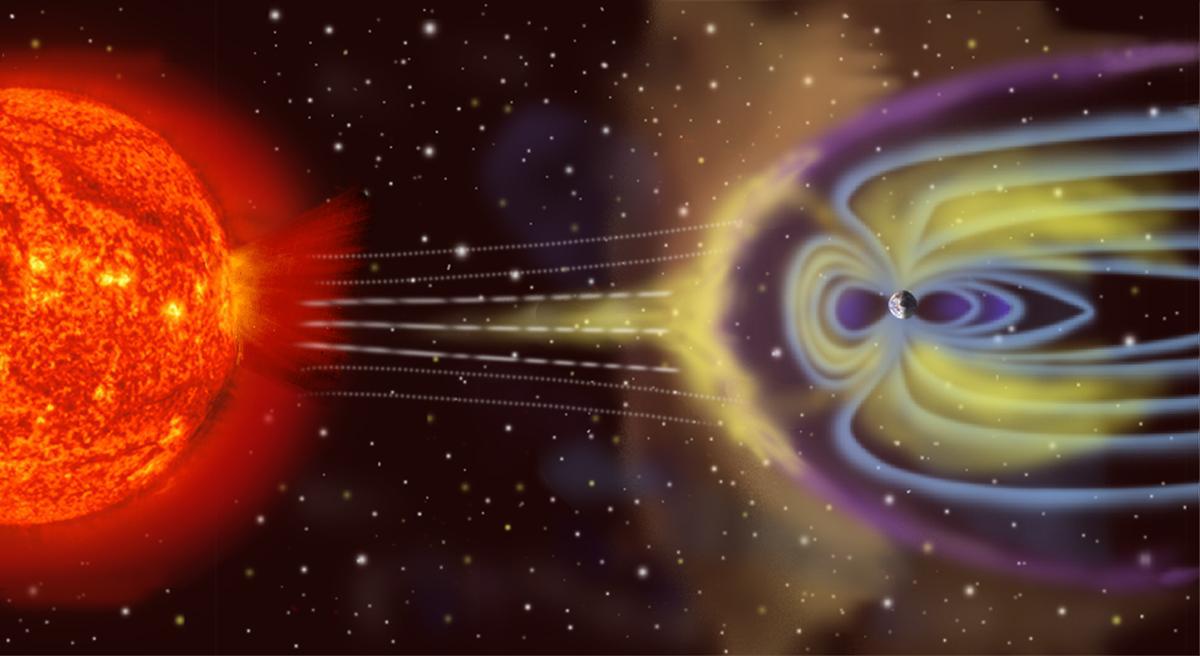 A photo depiction of the Sun’s effects on the Earth’s magnetosphere